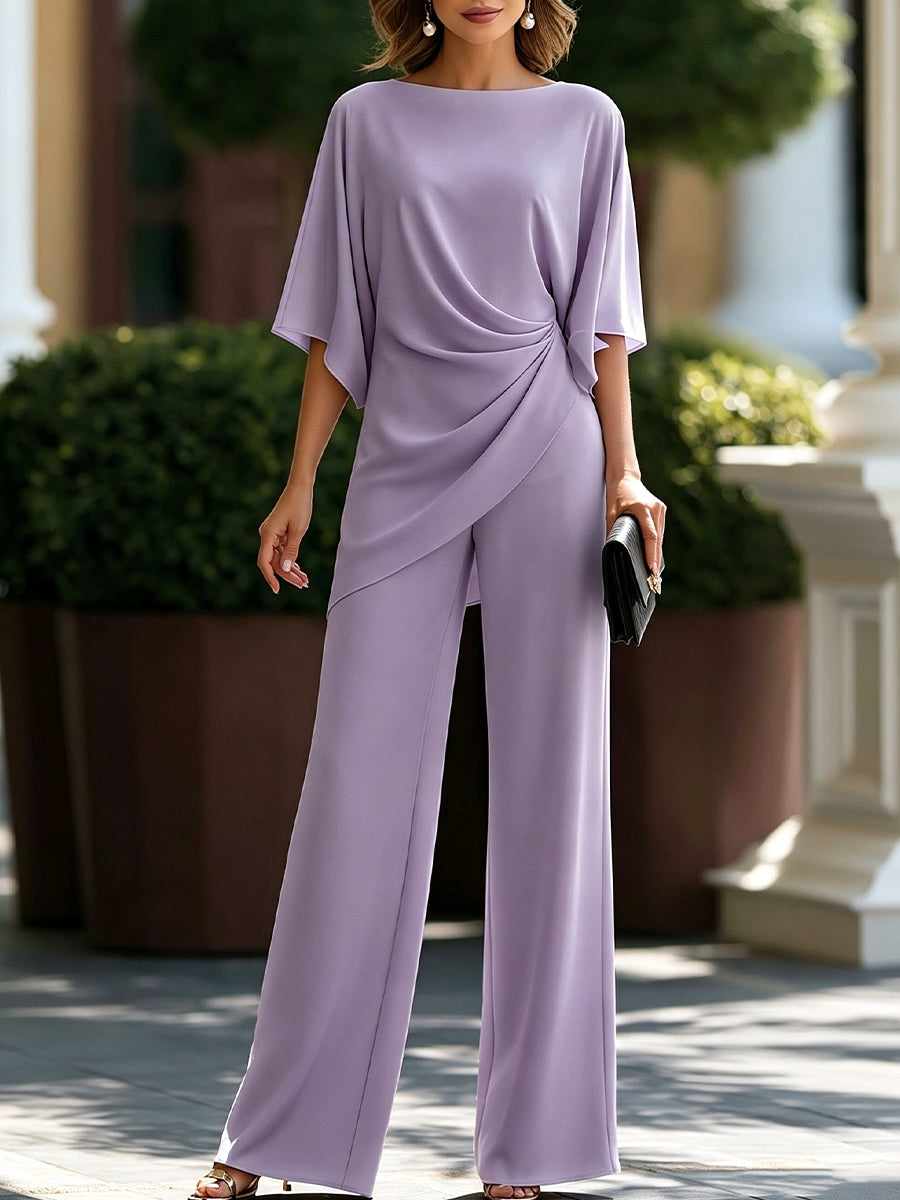 Lucretia | Women's Draped Asymmetrical Matching Set | Wide-Leg Pants