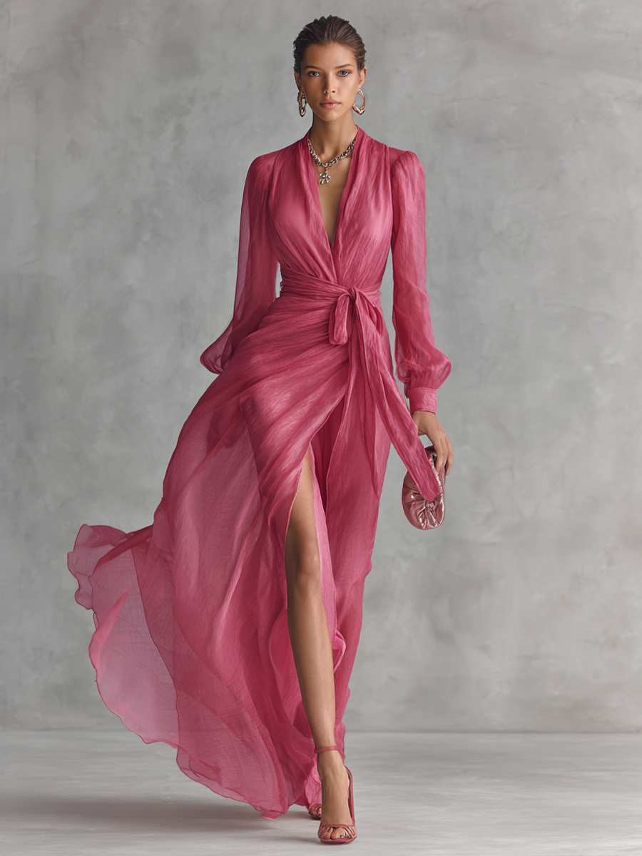 Isabella | Women's Chiffon V-Neck Tie Waist Maxi Dress