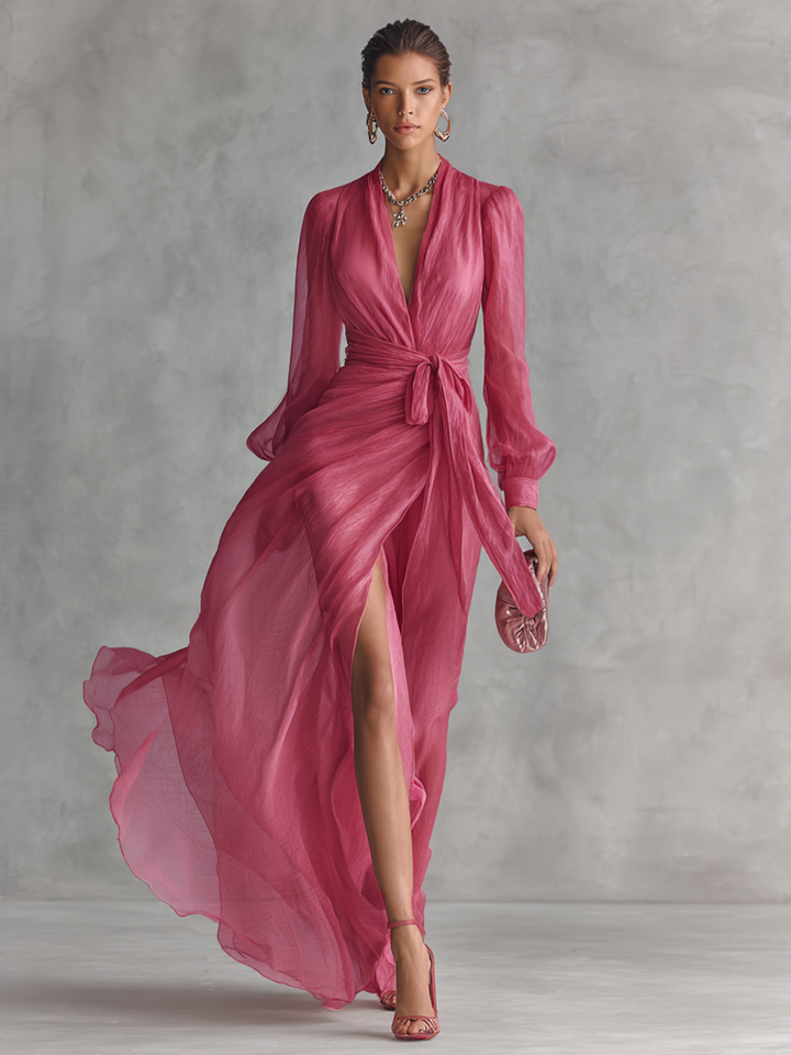 Isabella | Women's Chiffon V-Neck Tie Waist Maxi Dress
