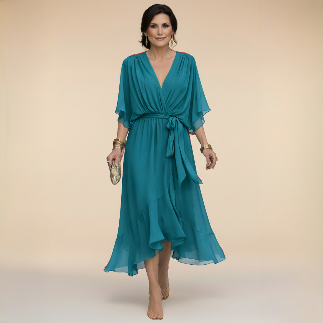 Juno | Women's Chiffon Wrap V-Neck Dress | Tie Waist Midi