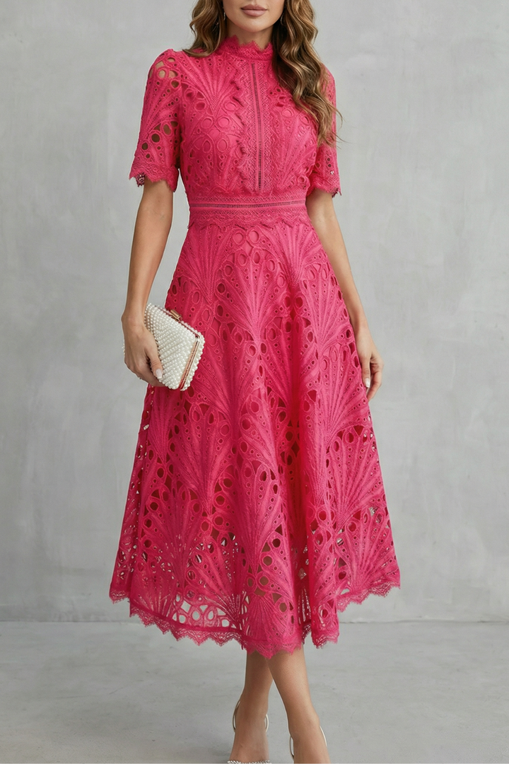 Charlisse – Ornate Lace Refinement - High Neck Midi Dress