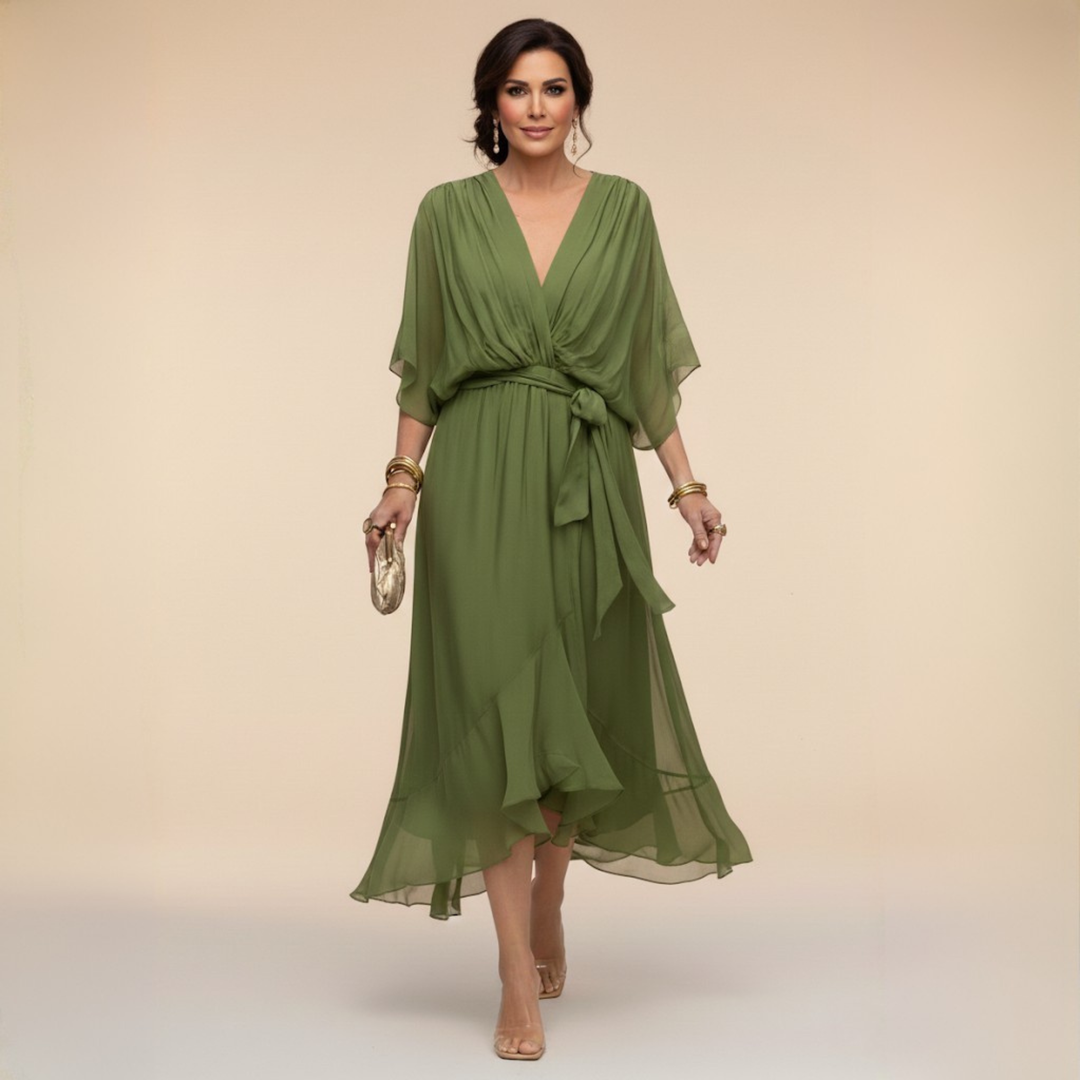 Juno | Women's Chiffon Wrap V-Neck Dress | Tie Waist Midi