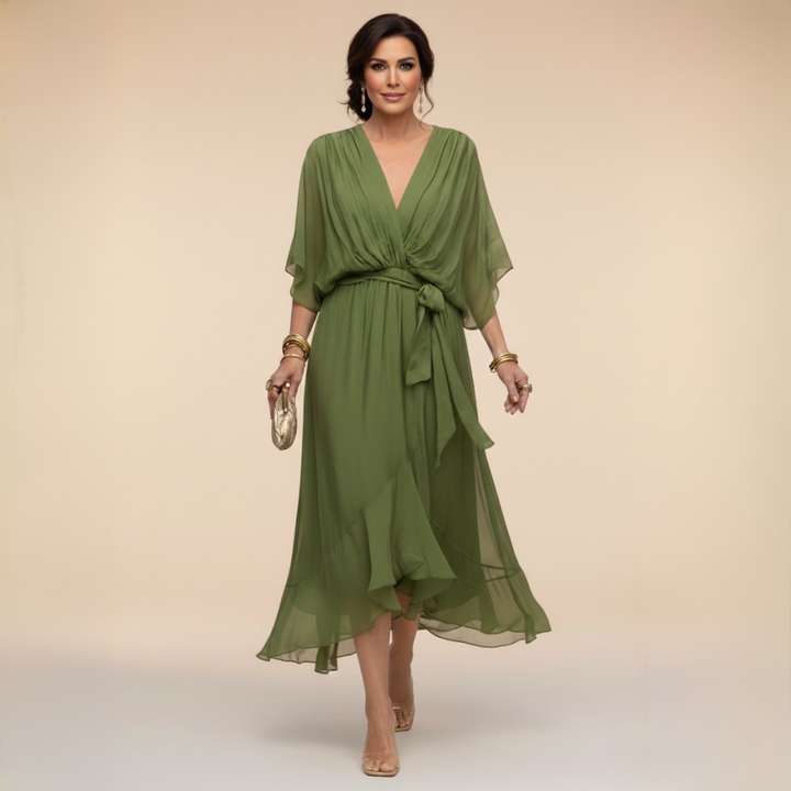 Juno | Women's Chiffon Wrap V-Neck Dress | Tie Waist Midi