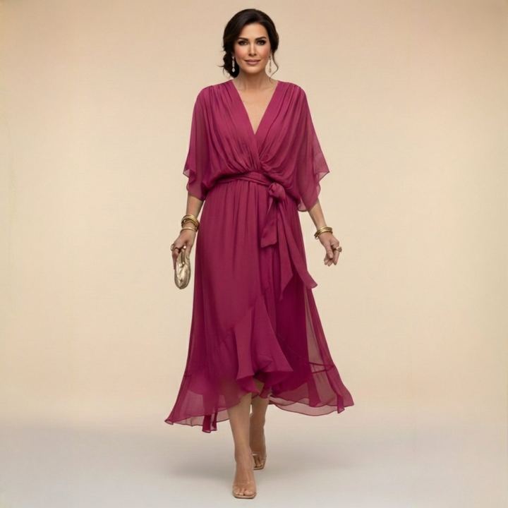 Juno | Women's Chiffon Wrap V-Neck Dress | Tie Waist Midi