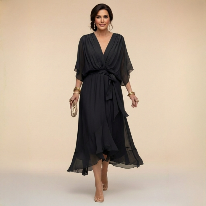 Juno | Women's Chiffon Wrap V-Neck Dress | Tie Waist Midi