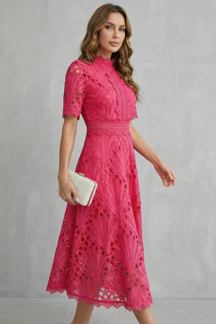Charlisse – Ornate Lace Refinement - High Neck Midi Dress