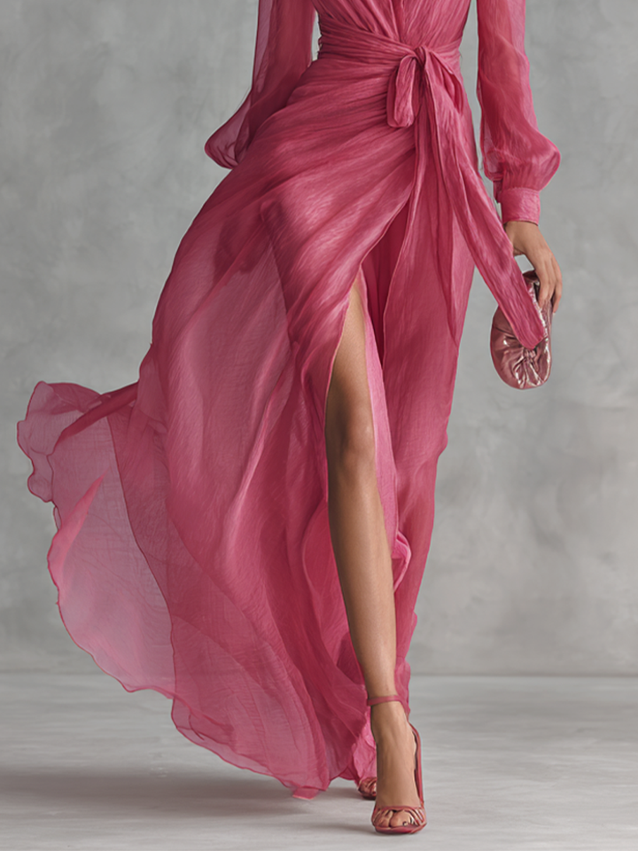 Isabella | Women's Chiffon V-Neck Tie Waist Maxi Dress