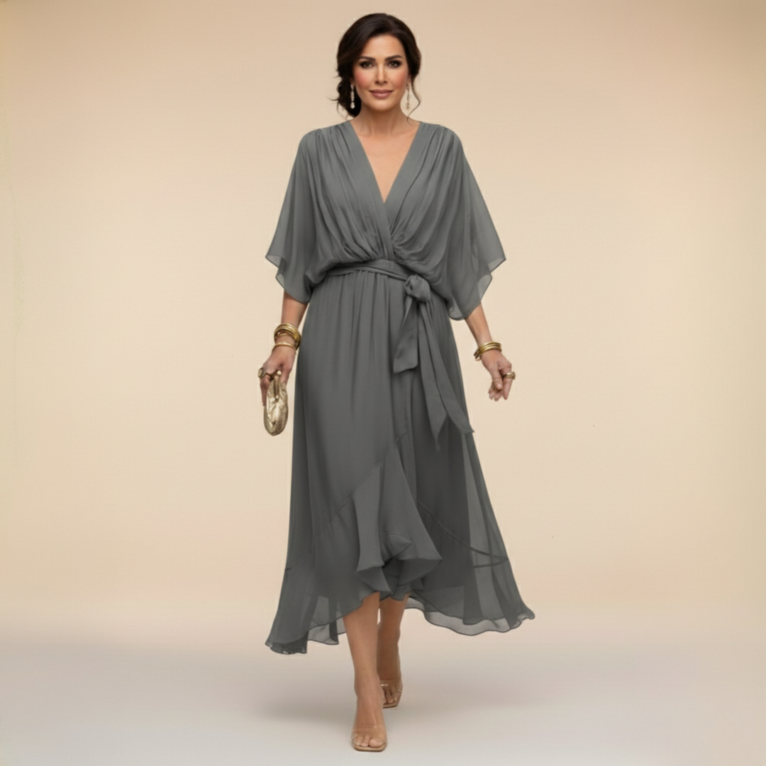 Juno | Women's Chiffon Wrap V-Neck Dress | Tie Waist Midi