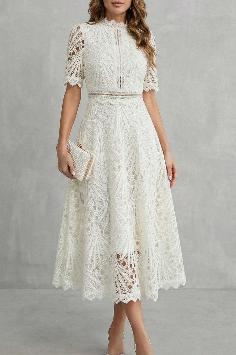 Charlisse – Ornate Lace Refinement - High Neck Midi Dress