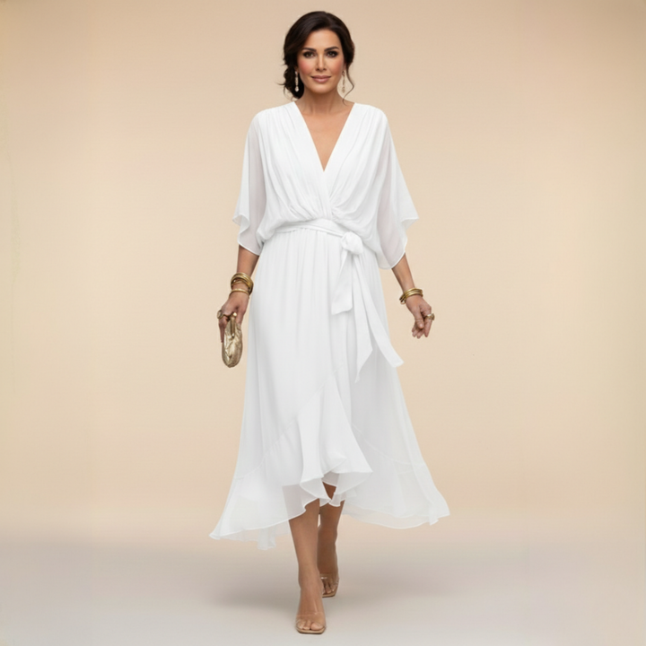 Juno | Women's Chiffon Wrap V-Neck Dress | Tie Waist Midi