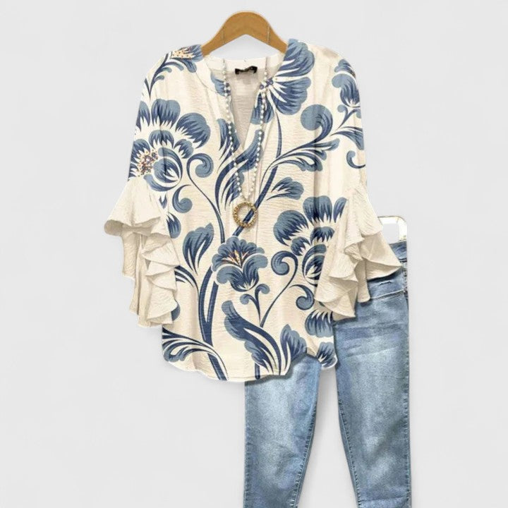 Saryphiah | Women's Floral Print Blouse | Ruffle Sleeve