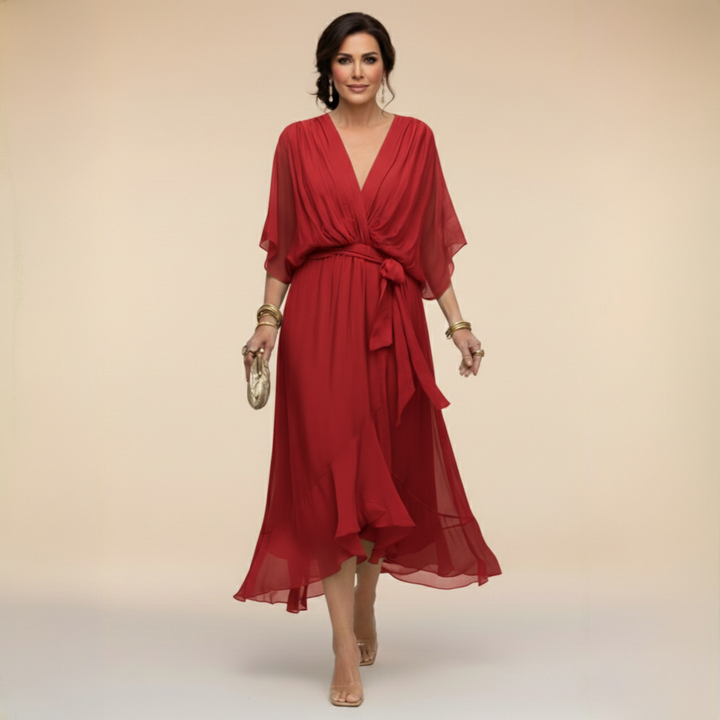 Juno | Women's Chiffon Wrap V-Neck Dress | Tie Waist Midi