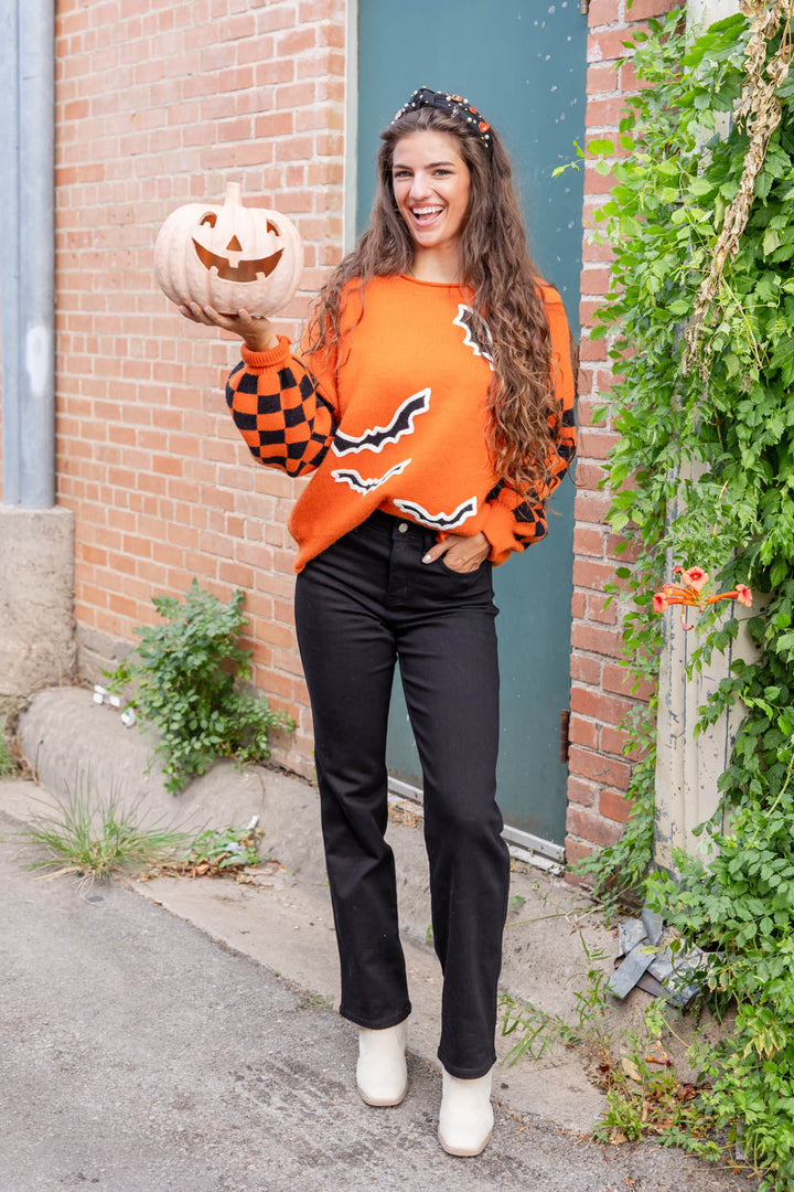Bats Halloween Sweater Checkerboard Sleeve