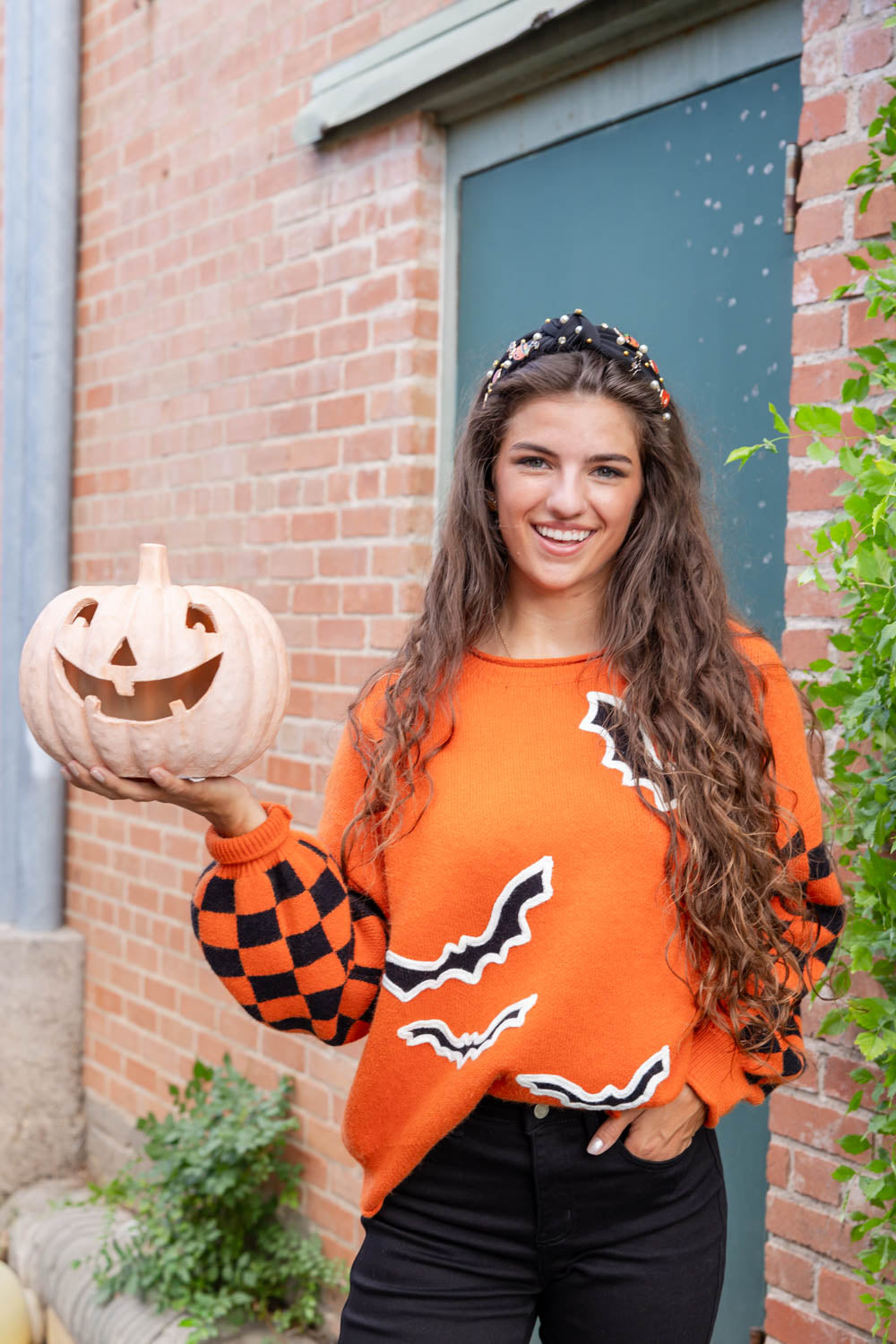 Bats Halloween Sweater Checkerboard Sleeve