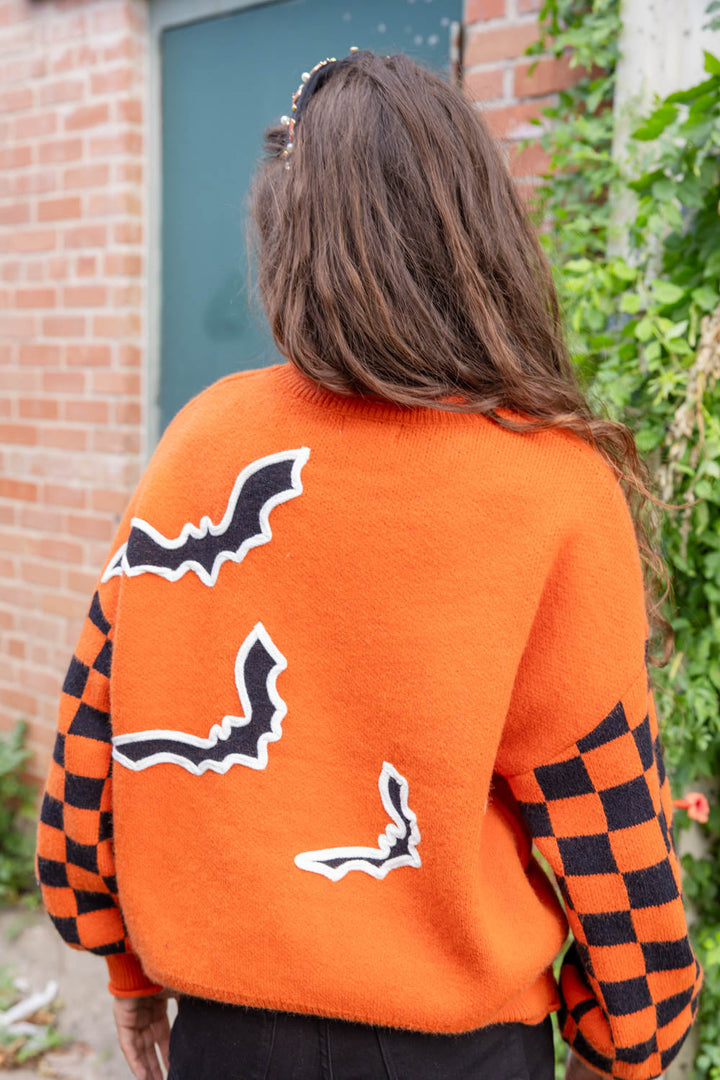 Bats Halloween Sweater Checkerboard Sleeve