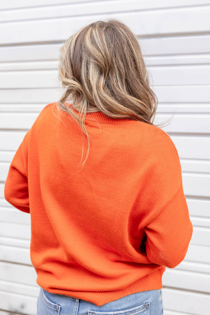 Women's Boo Orange Embroidered Ribbed Halloween Sweater