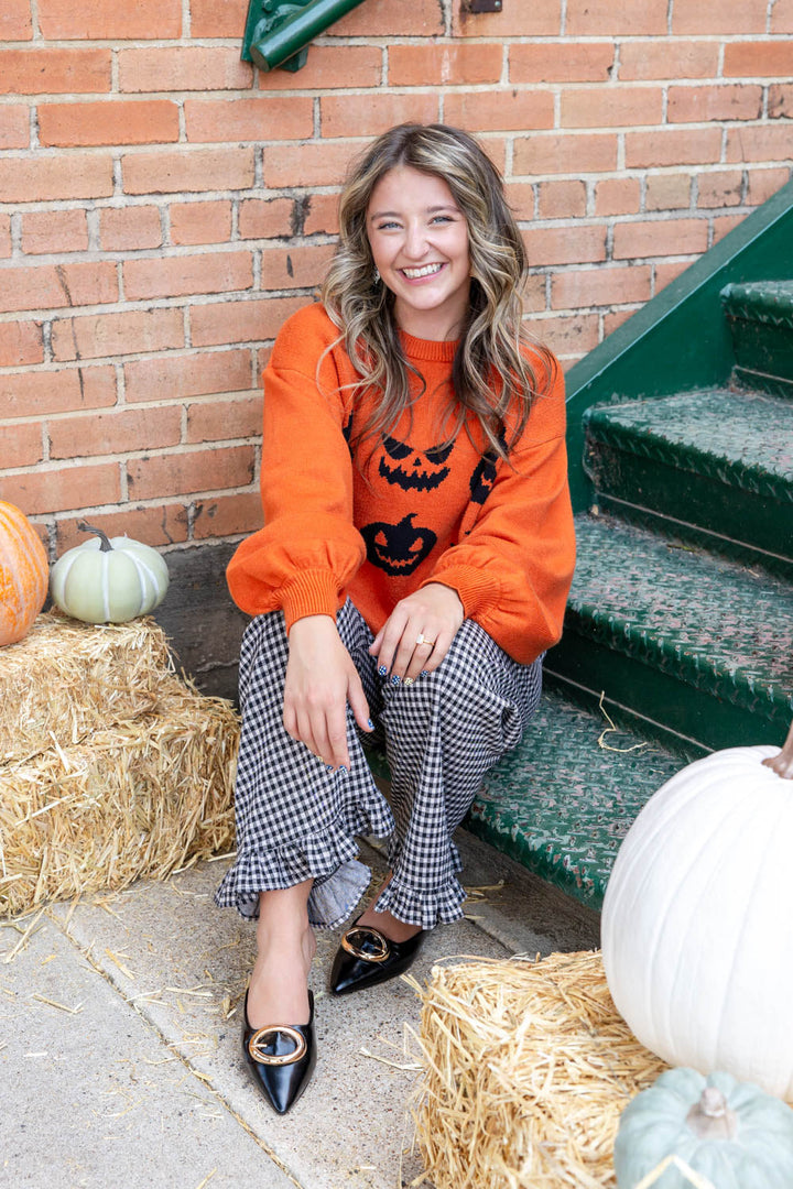 Pumpkin Lane Orange and Black Balloon Sleeve Pumpkin Halloween Sweater