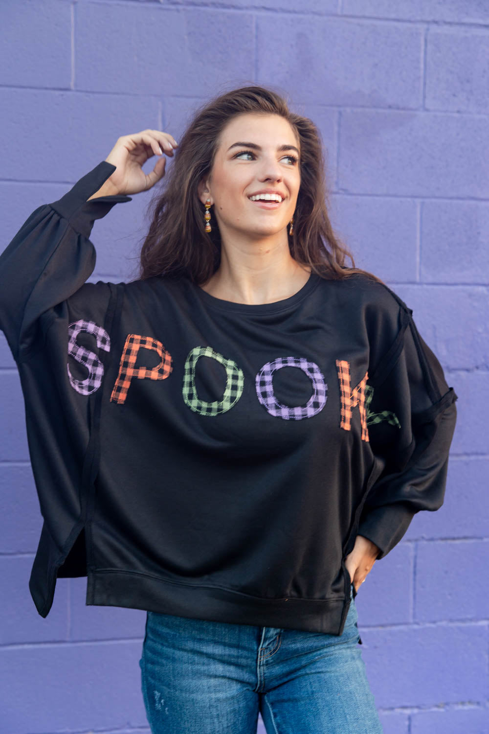 Spooky Plaid Patch Oversized Halloween Pullover