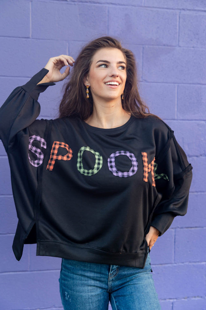 Spooky Plaid Patch Oversized Halloween Pullover