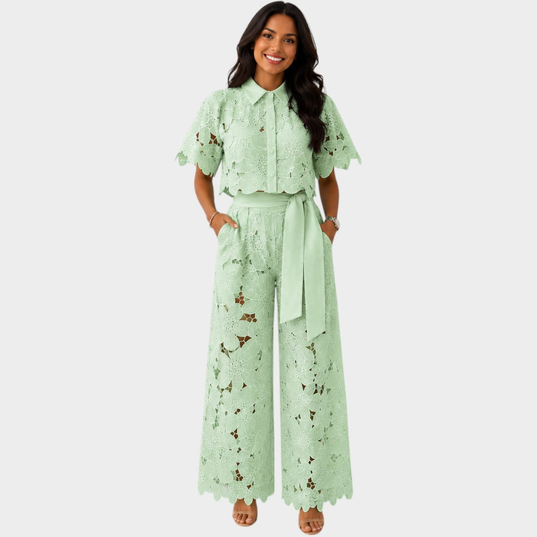 Edith | Women's Floral Lace Matching Set | Wide-Leg Pants