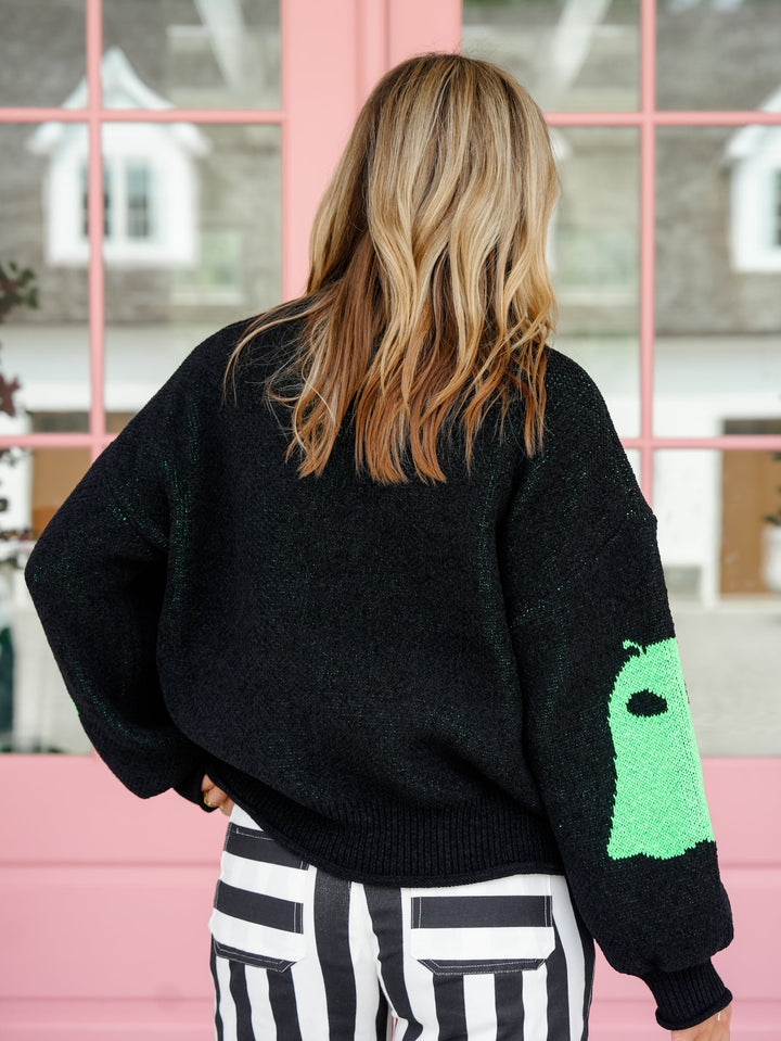 Women's Ghost Black Halloween Graphic Knit Sweater
