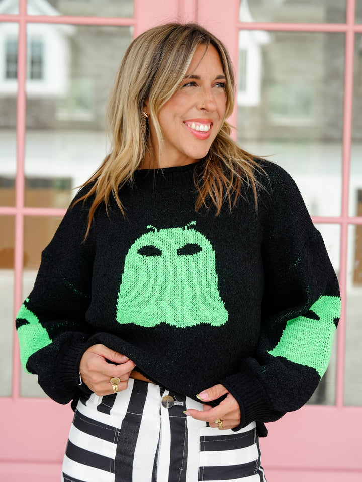 Women's Ghost Black Halloween Graphic Knit Sweater