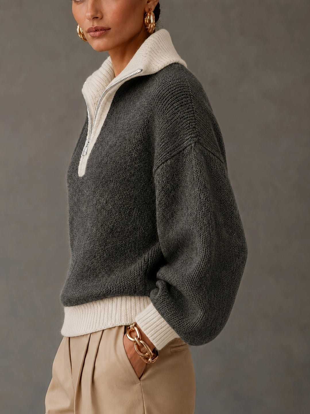Freya | Women's Quarter-Zip Sweater | Balloon Sleeve