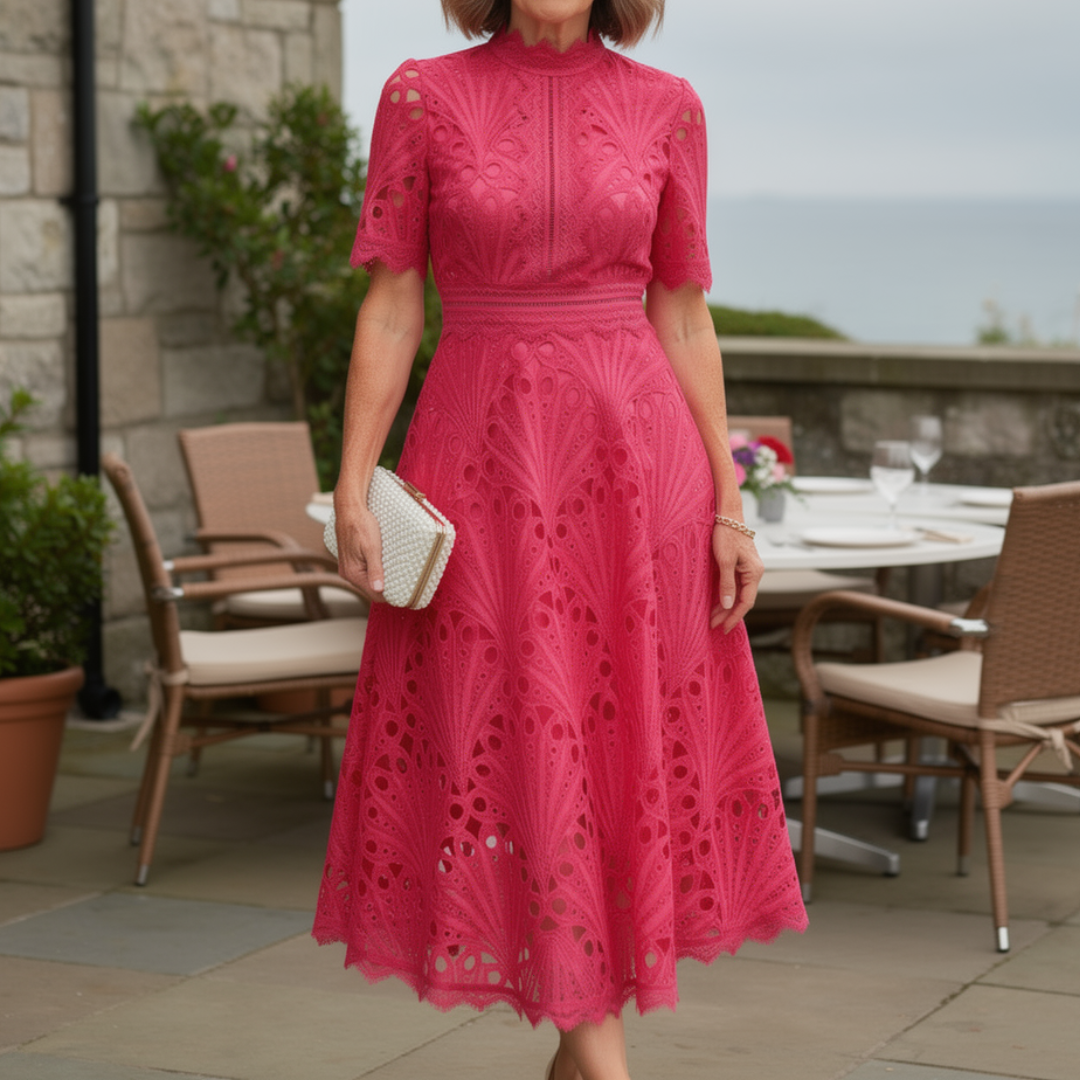 Charlisse – Ornate Lace Refinement - High Neck Midi Dress