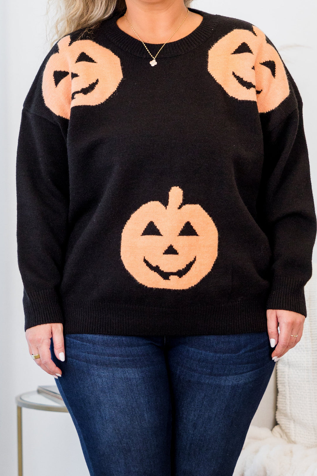 Women's Halloween Pumpkin Black Knit Sweater - Quirky Halloween & Fall Pullover