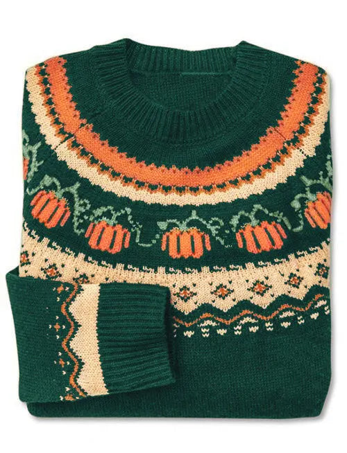 Festive Pumpkin Jacquard Halloween Women's Crewneck Knit Sweater | Casual Holiday Pullover