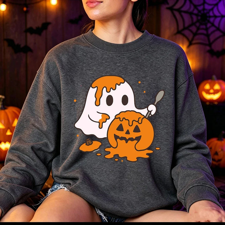 Women's Cute Ghost Print Fleece Halloween Sweatshirt