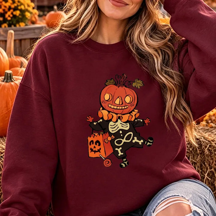 Spooky Pumpkin Head & Skeleton Clown Halloween Fleece Sweatshirt | Casual Trick-or-Treat Pullover