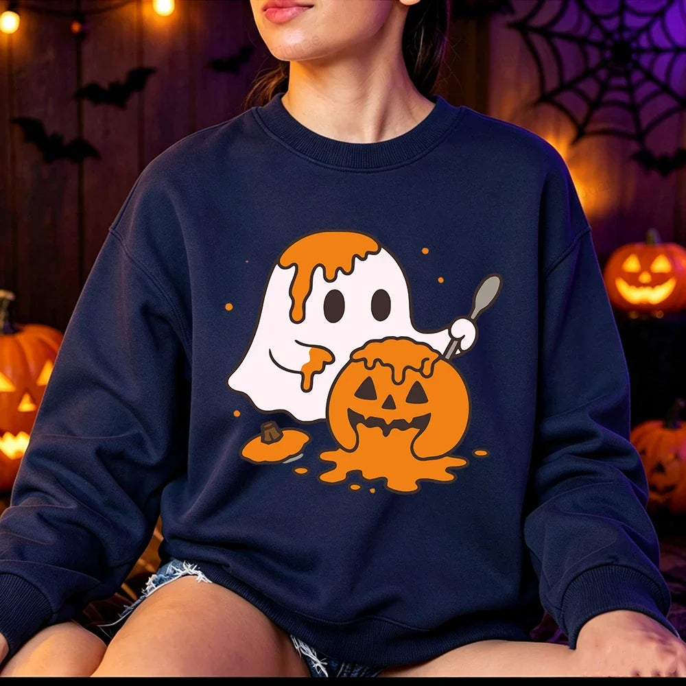 Women's Cute Ghost Print Fleece Halloween Sweatshirt