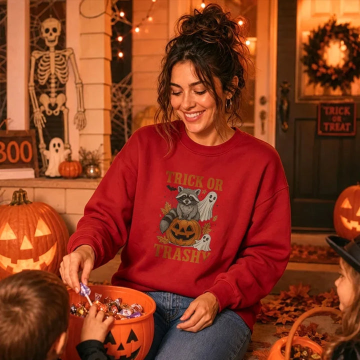 Spooky Raccoon Ghost Pumpkin Sweatshirt - Trick or Trashy Halloween Pullover