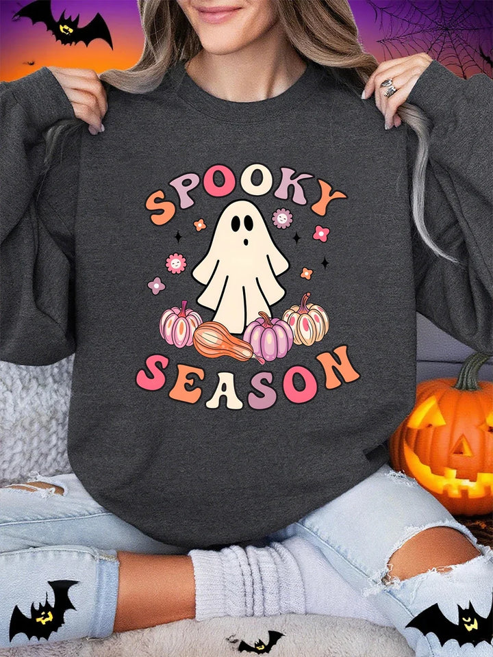 Spooky Season Ghost Print Fleece Halloween Sweatshirt