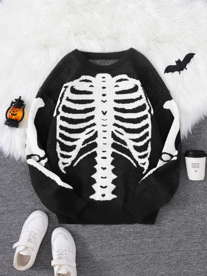 Spooky Skeleton Jacquard Colorblock Halloween Men's Knit Sweater | Crewneck Fall Pullover