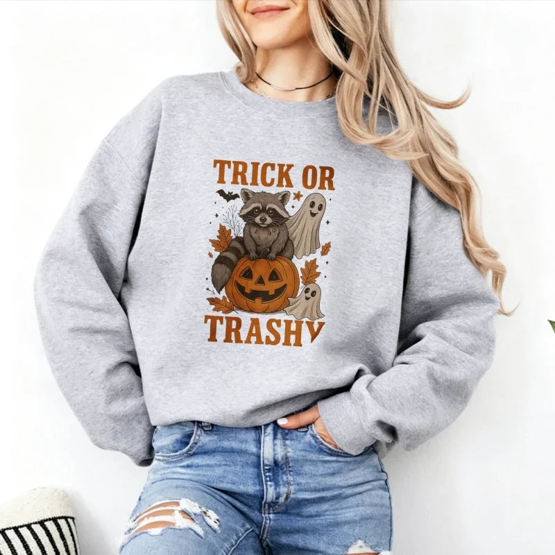 Spooky Raccoon Ghost Pumpkin Sweatshirt - Trick or Trashy Halloween Pullover