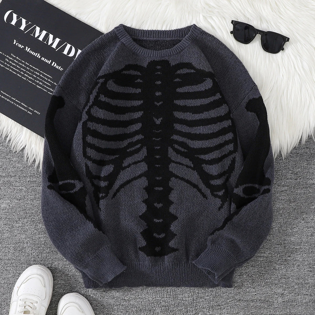 Spooky Skeleton Jacquard Colorblock Halloween Men's Knit Sweater | Crewneck Fall Pullover