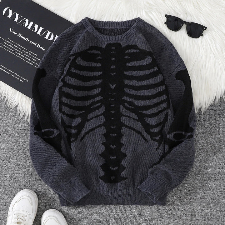 Spooky Skeleton Jacquard Colorblock Halloween Men's Knit Sweater | Crewneck Fall Pullover