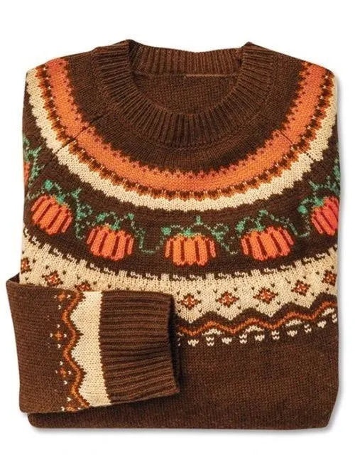 Festive Pumpkin Jacquard Halloween Women's Crewneck Knit Sweater | Casual Holiday Pullover
