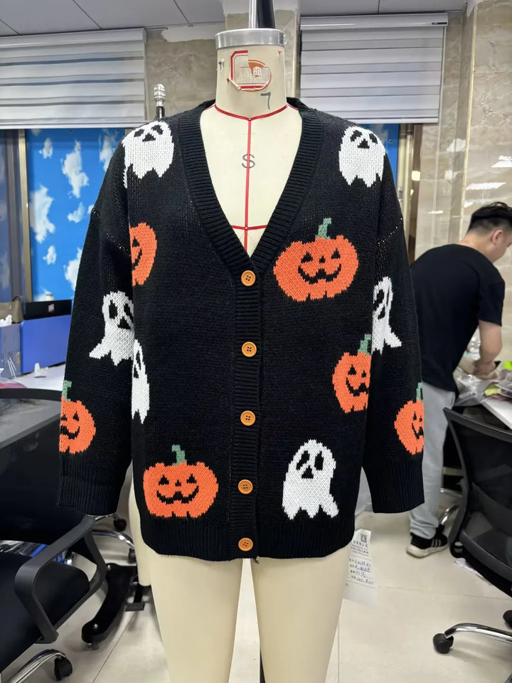 Women's Pumpkin Pattern Knitted Halloween Cardigan | Oversized Open-Front Fall Sweater