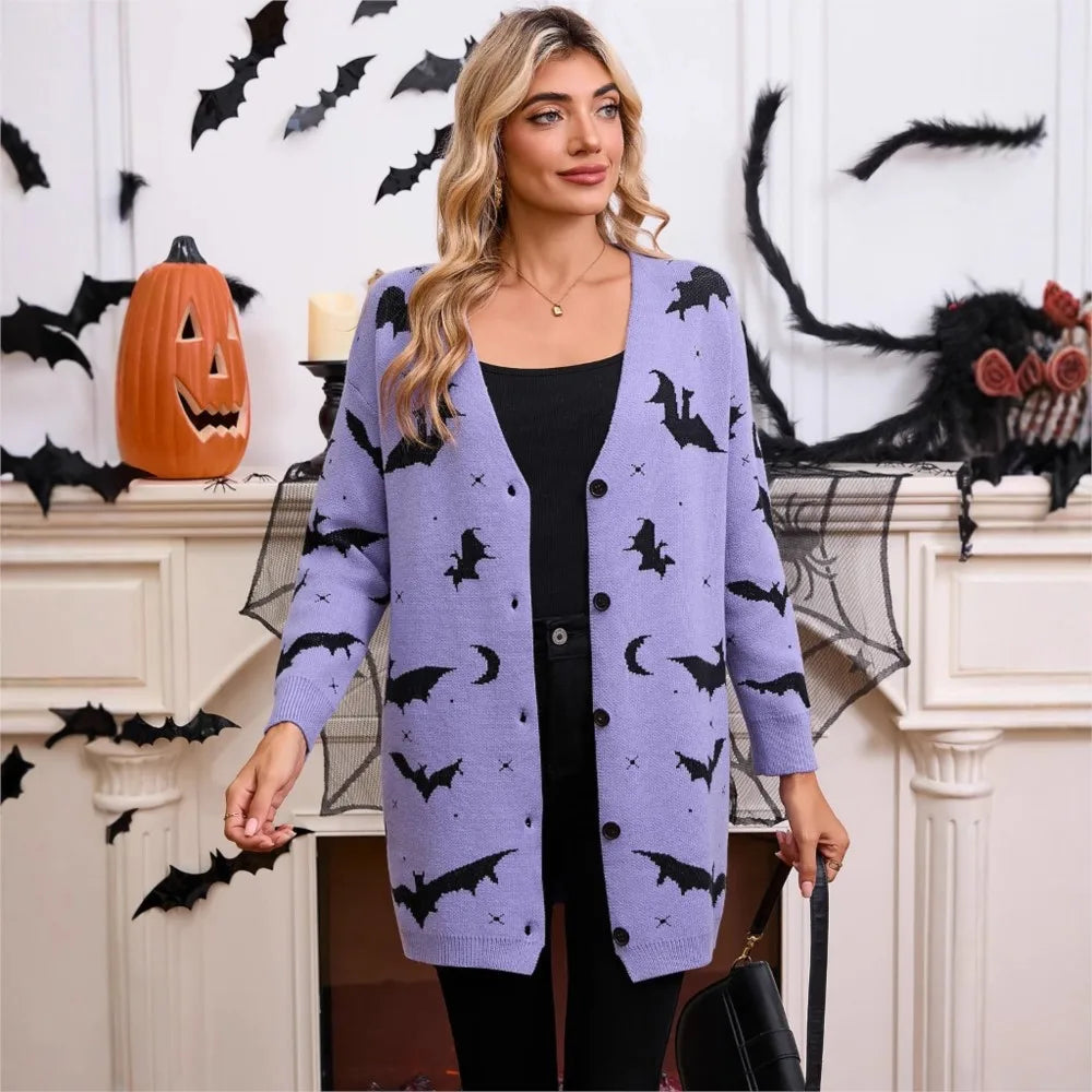 Spooky Bat Jacquard Open-Front Halloween Cardigan | Cute Oversized Fall Sweater