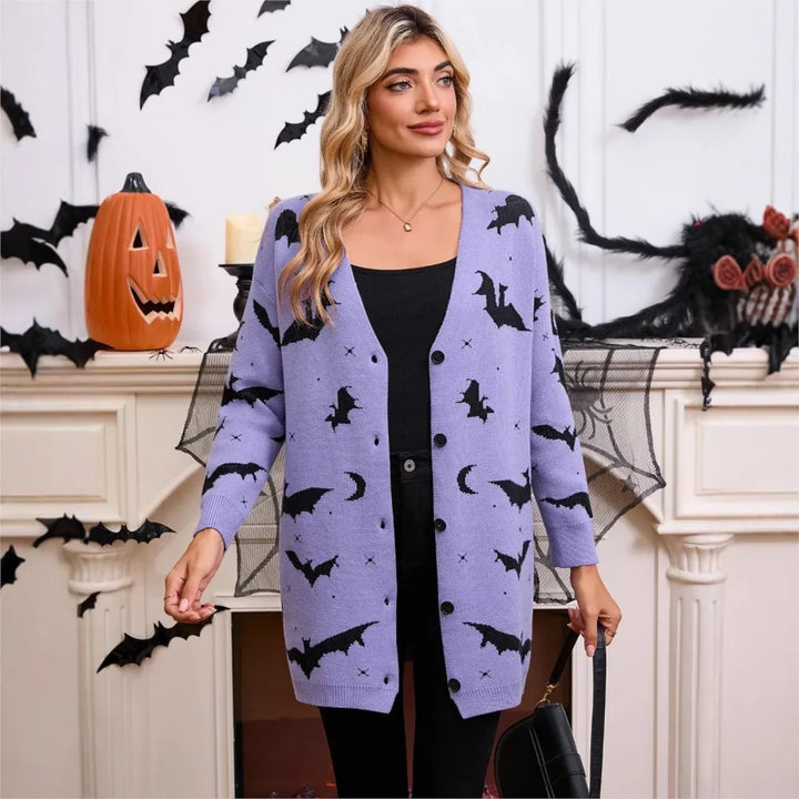 Spooky Bat Jacquard Open-Front Halloween Cardigan | Cute Oversized Fall Sweater