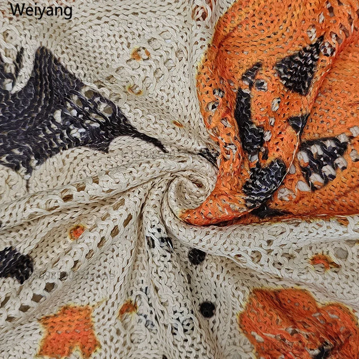 Spooky Pumpkin & Bat Print Halloween Women's Oversized Pullover | Casual Fall Knit Top