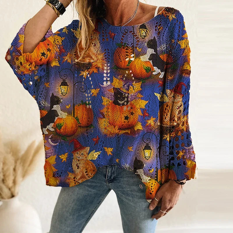 Spooky Pumpkin & Bat Print Halloween Women's Oversized Pullover | Casual Fall Knit Top