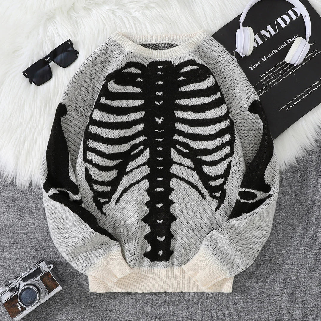 Spooky Skeleton Jacquard Colorblock Halloween Men's Knit Sweater | Crewneck Fall Pullover