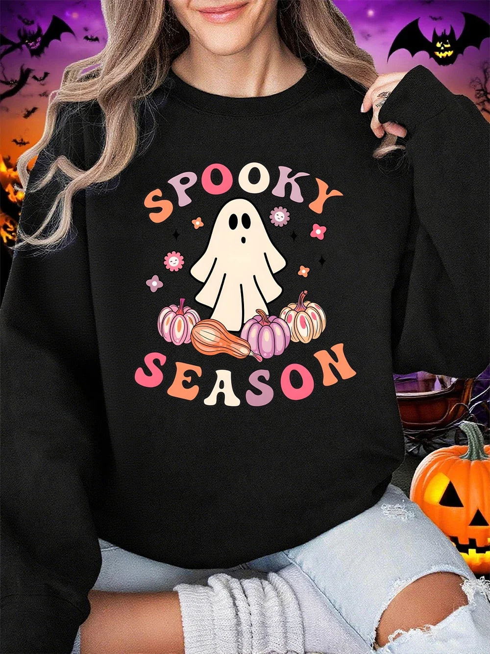 Spooky Season Ghost Print Fleece Halloween Sweatshirt
