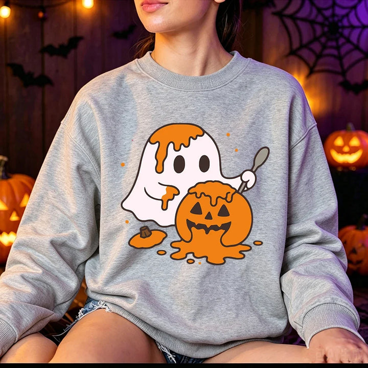 Women's Cute Ghost Print Fleece Halloween Sweatshirt