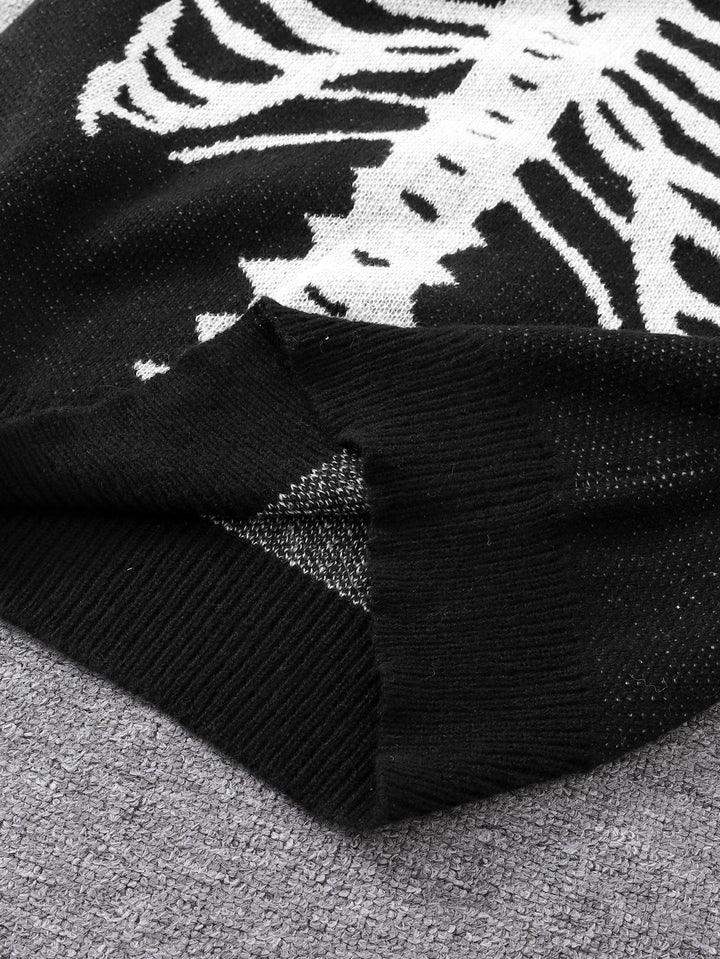 Spooky Skeleton Jacquard Colorblock Halloween Men's Knit Sweater | Crewneck Fall Pullover