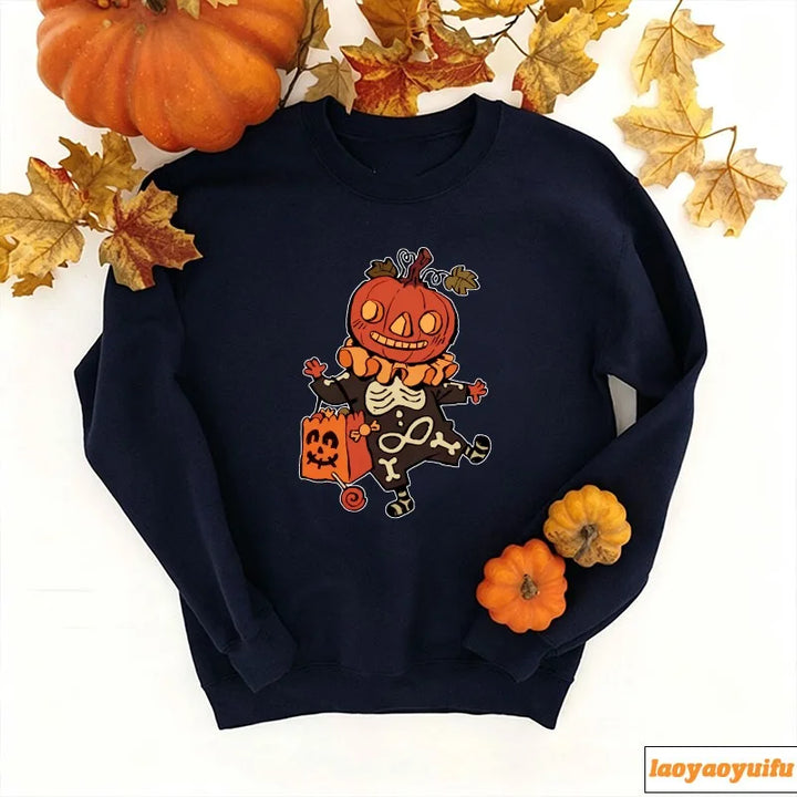 Spooky Pumpkin Head & Skeleton Clown Halloween Fleece Sweatshirt | Casual Trick-or-Treat Pullover
